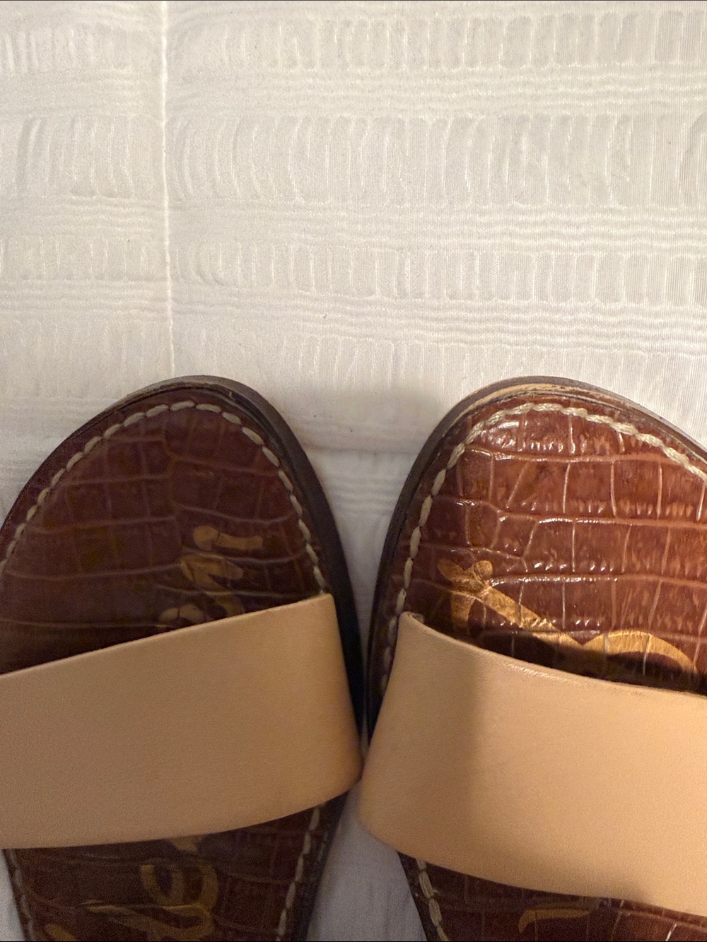 Sam Edelman Two-Band Slide Sandals in Tan, White and Brown Footbed - Picture 5 of 6